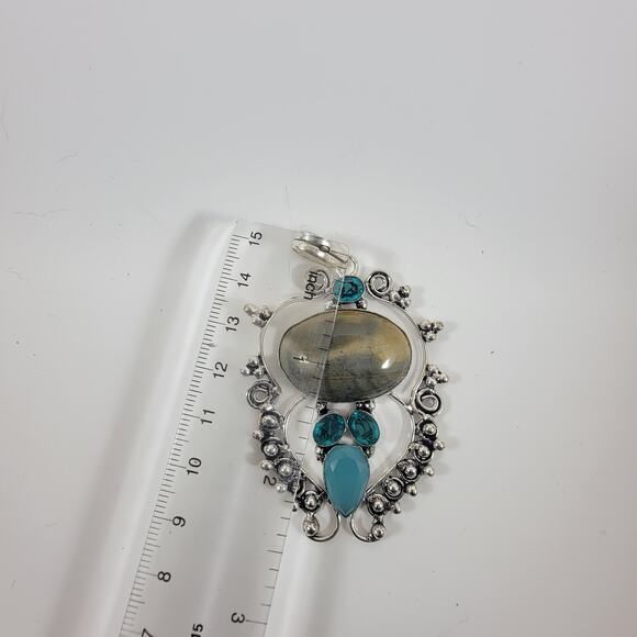 Handmade Silver Pendant Necklace with Labradorite, Blue Topaz & Turquoise Gems - Picture 3 of 10